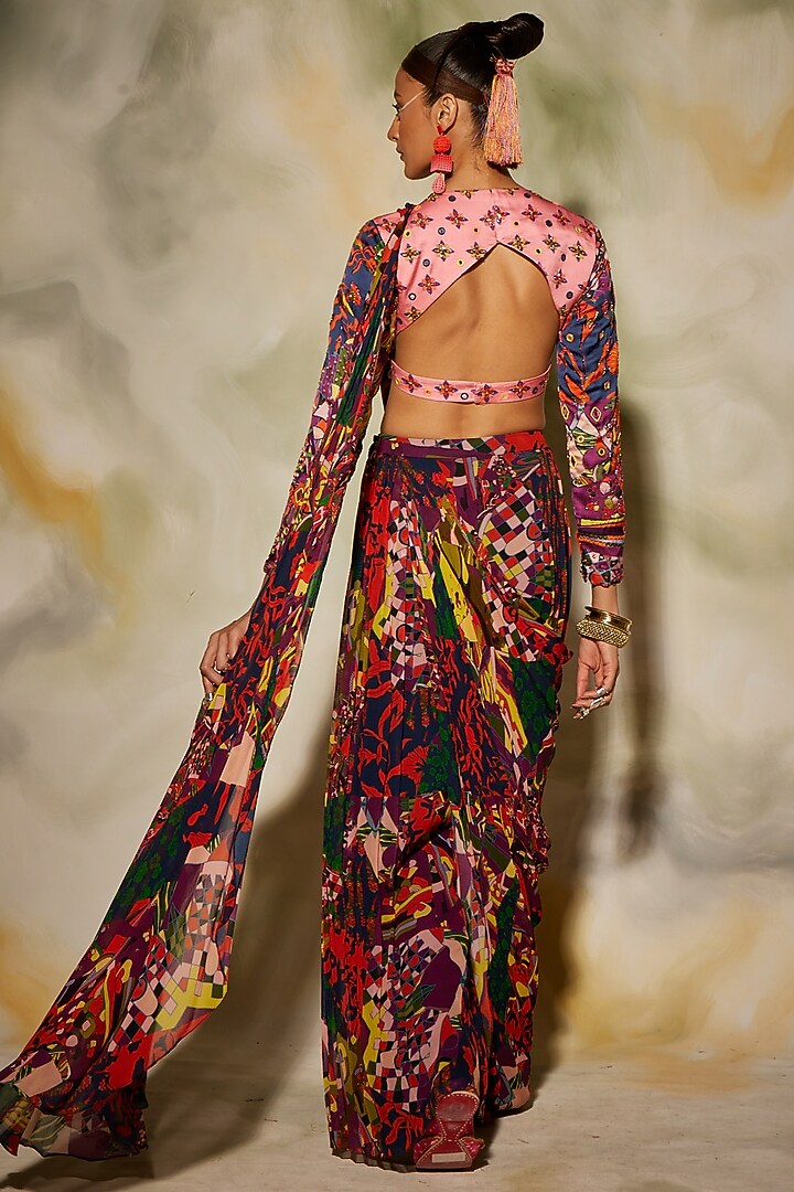 Multi-Colored Modal & Georgette Aztec Printed Sharara Wedding Saree Set by DiyaRajvvir at Pernia's Pop Up Shop
