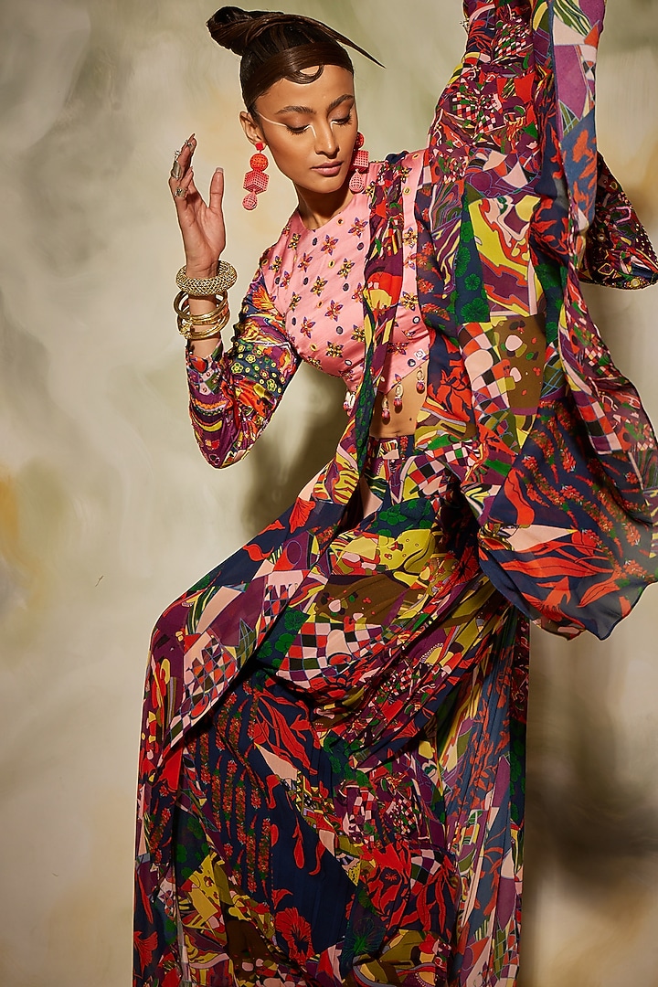 Multi-Colored Modal & Georgette Aztec Printed Sharara Wedding Saree Set by DiyaRajvvir at Pernia's Pop Up Shop