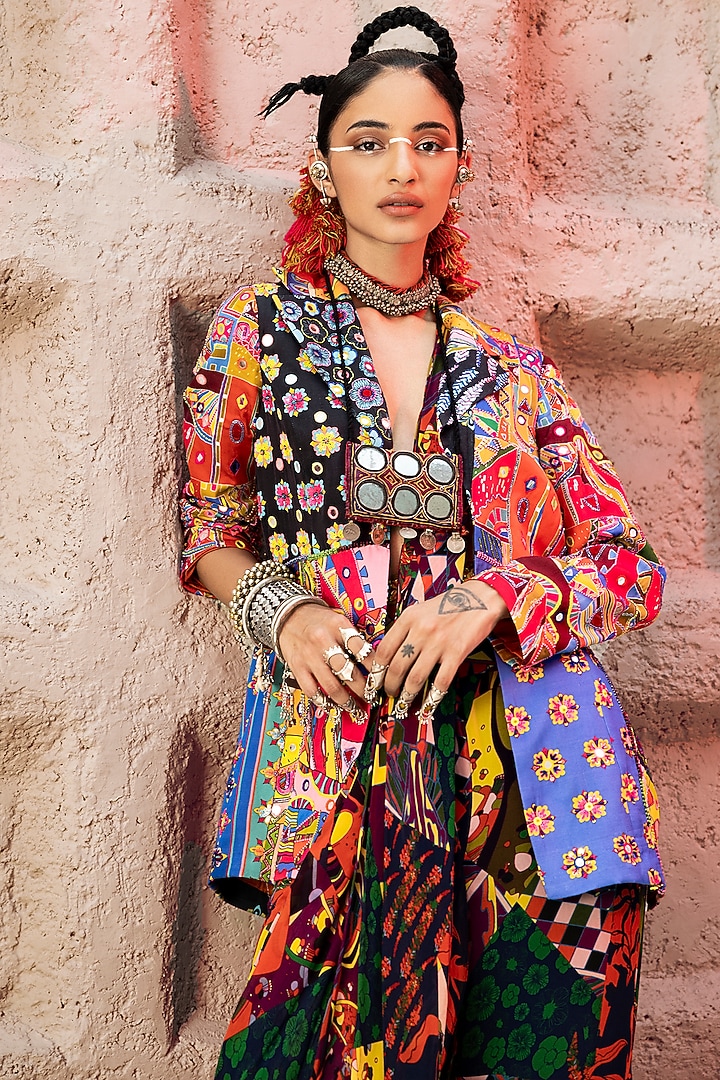 Multi-Colored Modal & Georgette Printed Sharara Wedding Saree Set by DiyaRajvvir at Pernia's Pop Up Shop