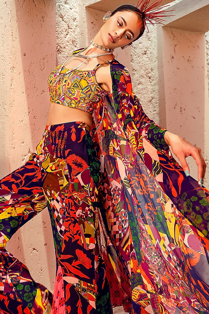 Multi-Colored Aztec Printed Cape Set by DiyaRajvvir at Pernia's Pop Up Shop