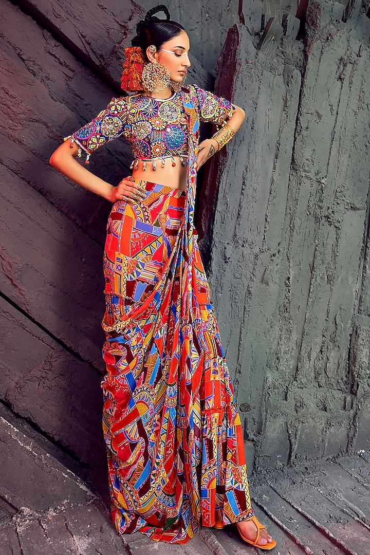 Multi-Colored Cotton Silk & Georgette Geometric Printed Gharara Saree Set by DiyaRajvvir