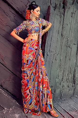 Multi-Colored Cotton Silk & Georgette Geometric Printed Gharara Saree Set by DiyaRajvvir
