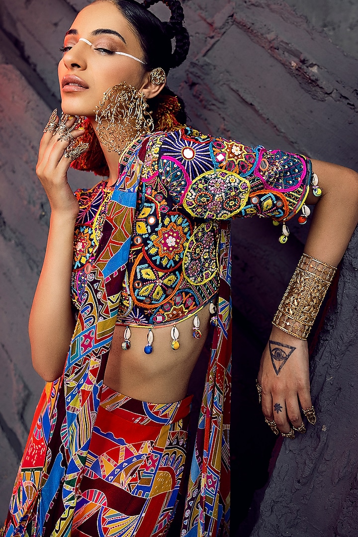 Multi-Colored Cotton Silk & Georgette Geometric Printed Gharara Wedding Saree Set by DiyaRajvvir at Pernia's Pop Up Shop