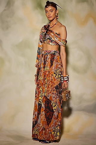 Brown Printed & Embroidered Pleated Pant Set by DiyaRajvvir