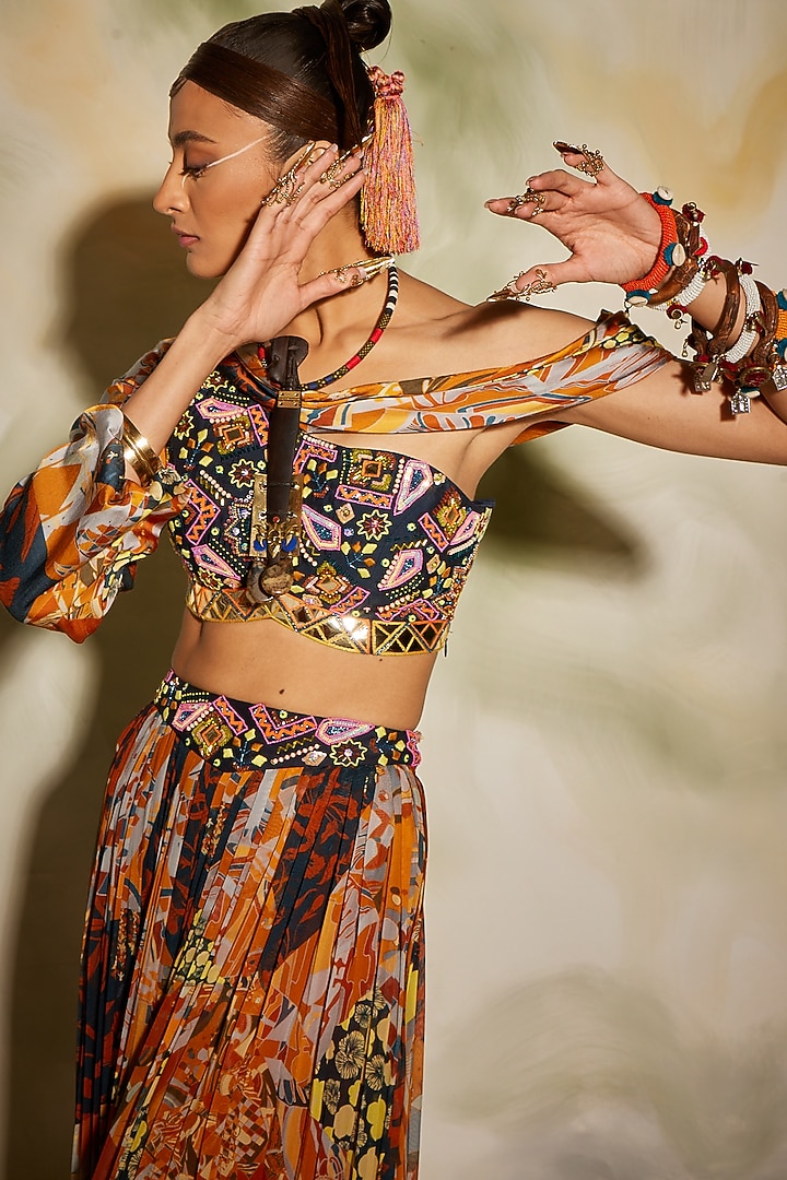 Brown Printed & Embroidered Pleated Pant Set by DiyaRajvvir at Pernia's Pop Up Shop
