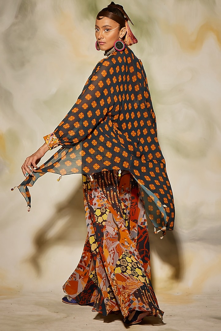 Brown Printed & Embroidered Cape Set by DiyaRajvvir at Pernia's Pop Up Shop