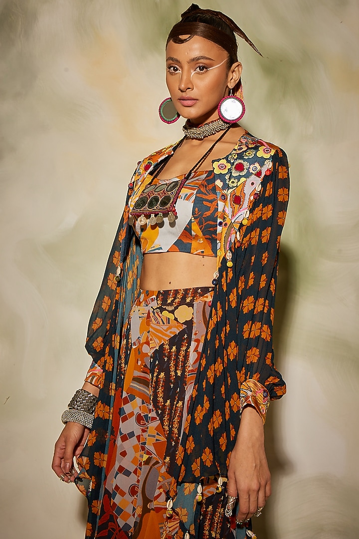 Brown Printed & Embroidered Cape Set by DiyaRajvvir at Pernia's Pop Up Shop