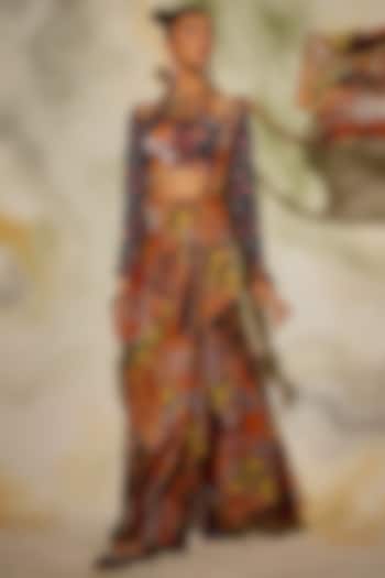 Brown & Rust Georgette Aztec Printed Sharara Saree Set by DiyaRajvvir