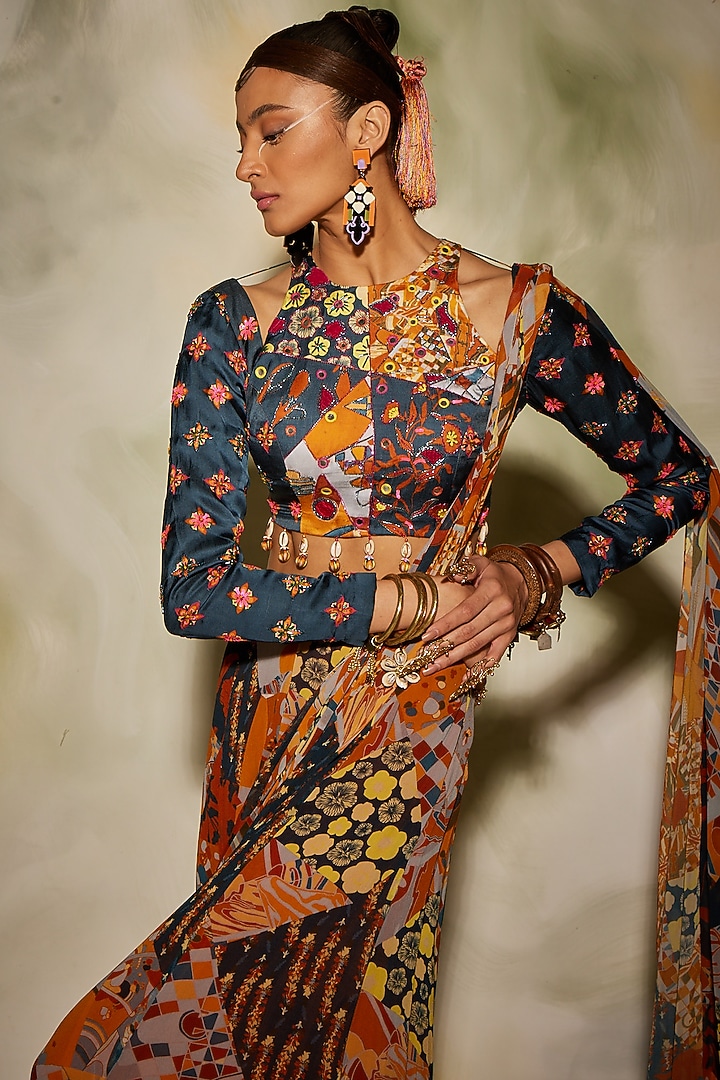 Brown & Rust Georgette Aztec Printed Sharara Wedding Saree Set by DiyaRajvvir at Pernia's Pop Up Shop