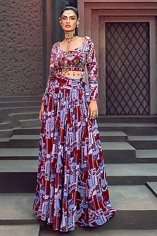 Purple Printed Gathered Skirt Set by DiyaRajvvir
