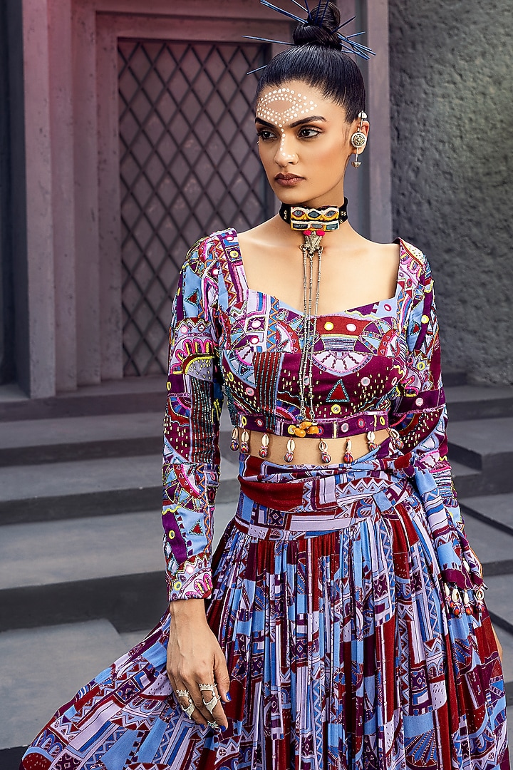 Purple Printed Gathered Skirt Set by DiyaRajvvir at Pernia's Pop Up Shop