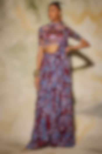 Purple Printed Layered Skirt Saree Set by DiyaRajvvir