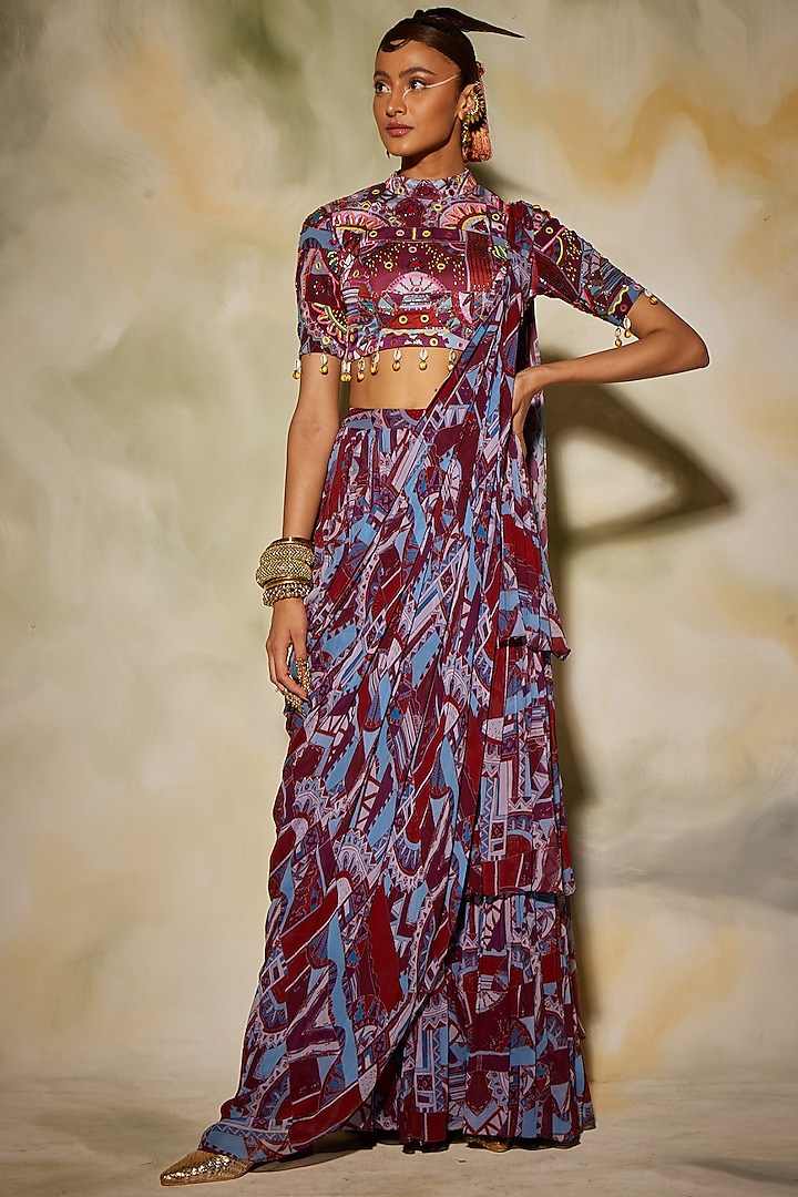 Purple Modal & Georgette Geometric Printed Layered Skirt Saree Set by DiyaRajvvir