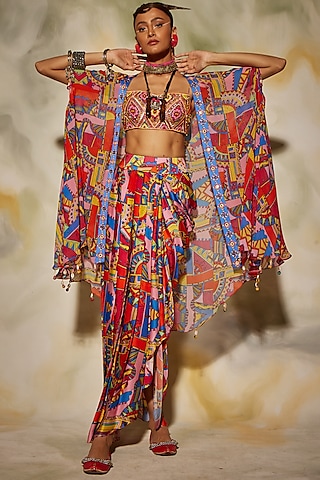 Multi-Colored Printed Dhoti Skirt Set by DiyaRajvvir