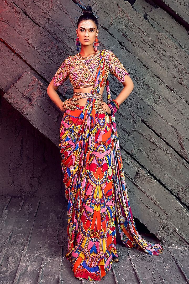 Multi-Colored Cotton Silk & Georgette Geometric Printed Sharara Saree Set by DiyaRajvvir