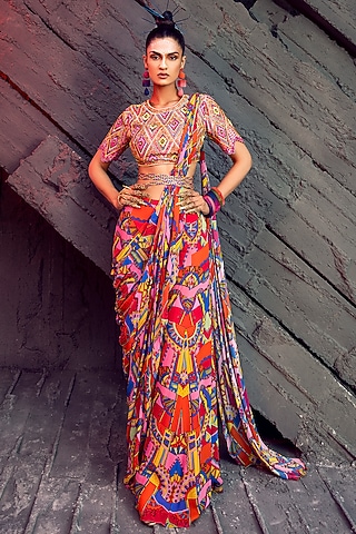 Multi-Colored Cotton Silk & Georgette Geometric Printed Sharara Saree Set by DiyaRajvvir