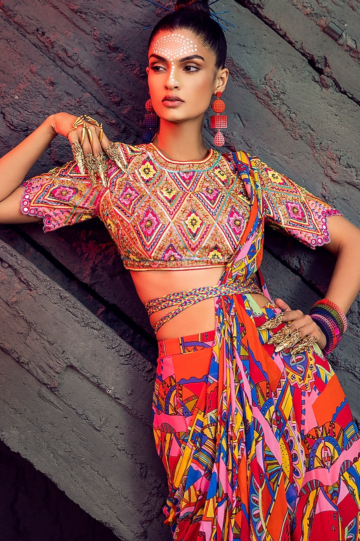 Multi-Colored Cotton Silk & Georgette Geometric Printed Sharara Wedding Saree Set by DiyaRajvvir at Pernia's Pop Up Shop