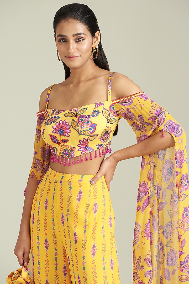Yellow Modal & Georgette Printed Wedding Sharara Set by DiyaRajvvir at Pernia's Pop Up Shop