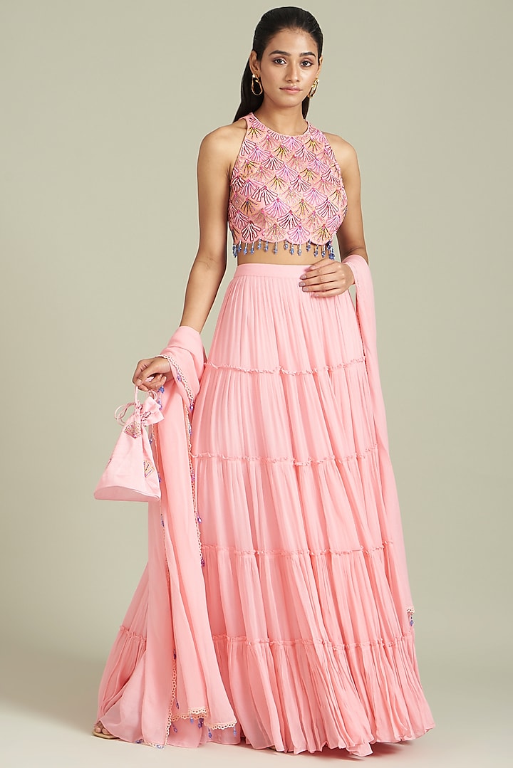 Blush Pink Cotton Silk & Georgette Tiered Skirt Set by DiyaRajvvir
