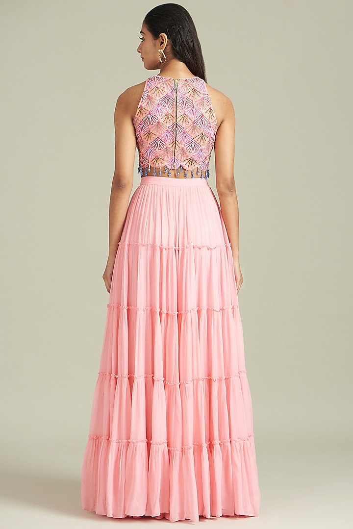 Blush Pink Cotton Silk & Georgette Tiered Skirt Set by DiyaRajvvir at Pernia's Pop Up Shop