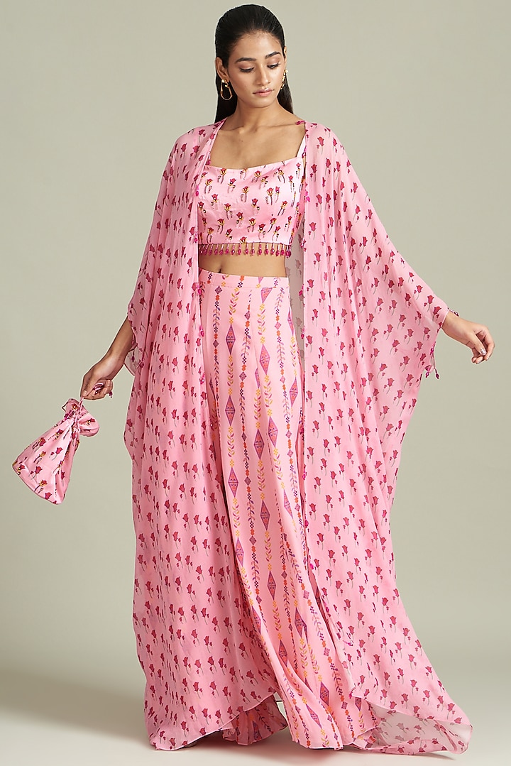 Blush Pink Modal Printed & Embroidered Cape Set by DiyaRajvvir at Pernia's Pop Up Shop