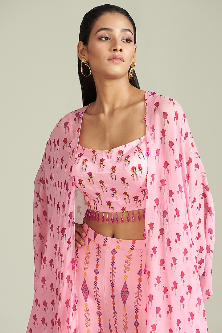 Blush Pink Modal Printed & Embroidered Cape Set by DiyaRajvvir at Pernia's Pop Up Shop