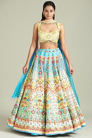 Multi-Colored Cotton Silk Printed & Embroidered Lehenga Set by diyarajvvir