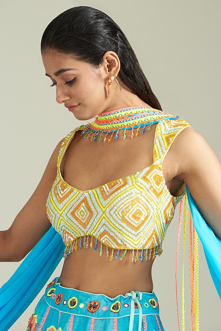 Multi-Colored Cotton Silk Printed & Embroidered Wedding Lehenga Set by DiyaRajvvir at Pernia's Pop Up Shop