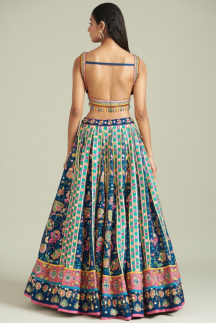 Dark Blue Cotton Silk Printed & Embroidered Wedding Lehenga Set by DiyaRajvvir at Pernia's Pop Up Shop