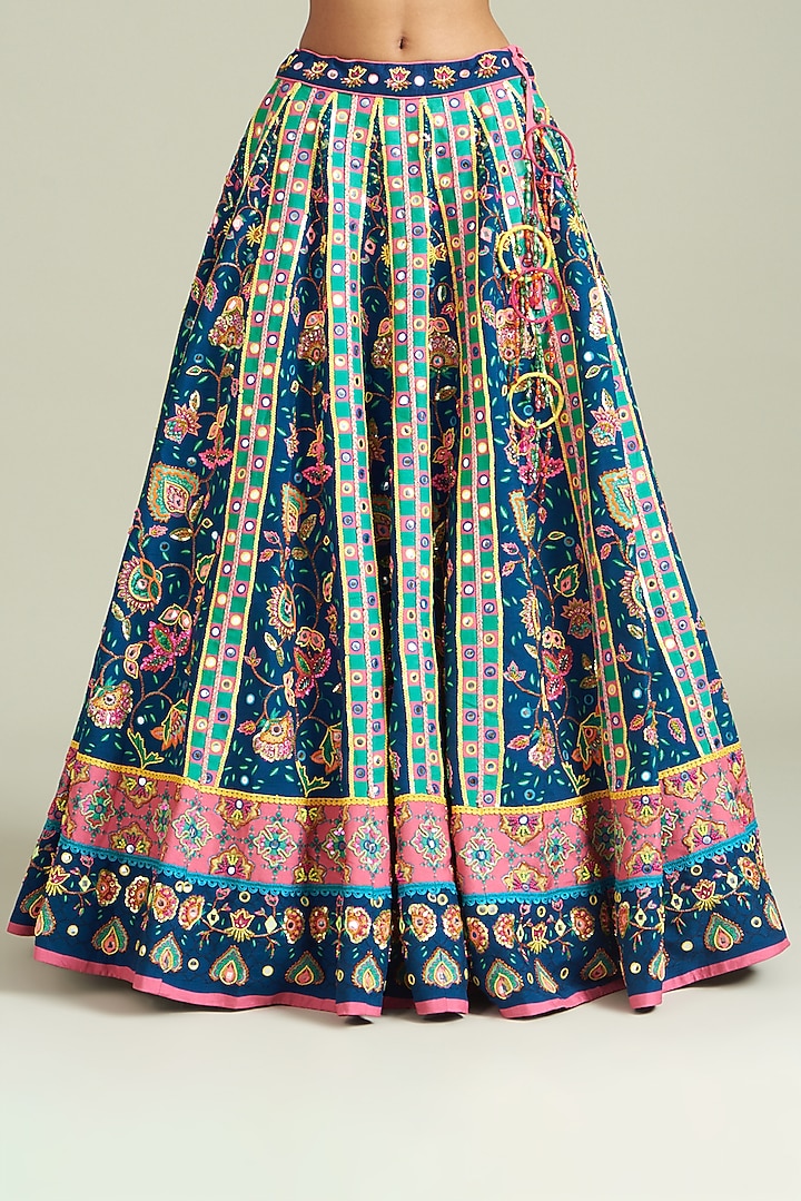 Dark Blue Cotton Silk Printed & Embroidered Wedding Lehenga Set by DiyaRajvvir at Pernia's Pop Up Shop