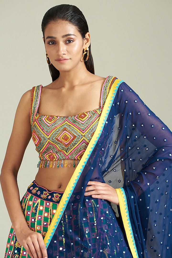Dark Blue Cotton Silk Printed & Embroidered Wedding Lehenga Set by DiyaRajvvir at Pernia's Pop Up Shop