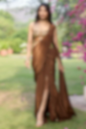 Mocha Brown Crepe & Net Embroidered Slit Wedding Saree Set by DiyaRajvvir at Pernia's Pop Up Shop