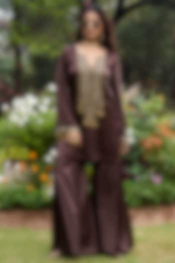 Mocha Brown Armani Satin Embroidered Kurta Set by DiyaRajvvir at Pernia's Pop Up Shop
