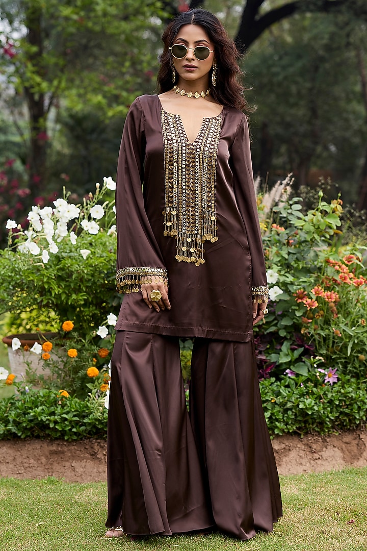 Mocha Brown Armani Satin Embroidered Kurta Set by DiyaRajvvir at Pernia's Pop Up Shop