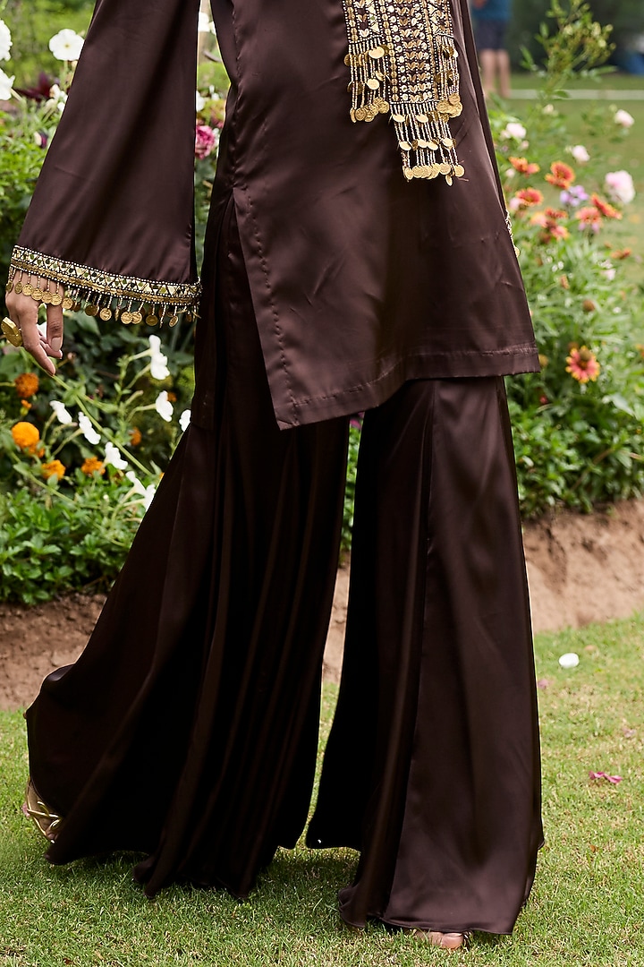 Mocha Brown Armani Satin Embroidered Kurta Set by DiyaRajvvir at Pernia's Pop Up Shop
