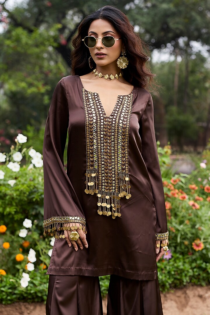 Mocha Brown Armani Satin Embroidered Kurta Set by DiyaRajvvir at Pernia's Pop Up Shop