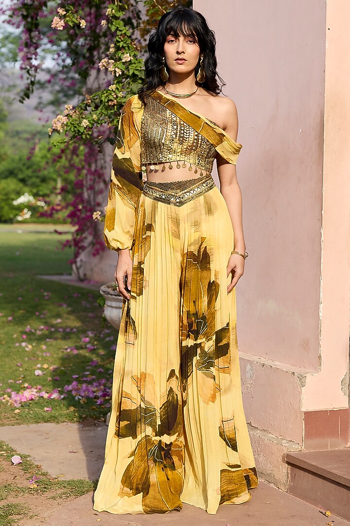 Butter Yellow Crepe Floral Printed Pleated Pant Set by DiyaRajvvir at Pernia's Pop Up Shop