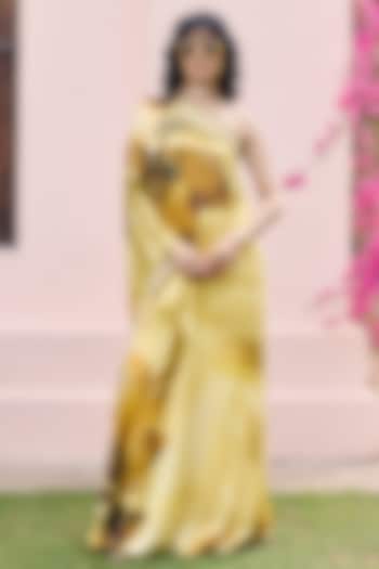 Butter Yellow Crepe Floral Printed One-Shoulder Kaftan Set by DiyaRajvvir at Pernia's Pop Up Shop