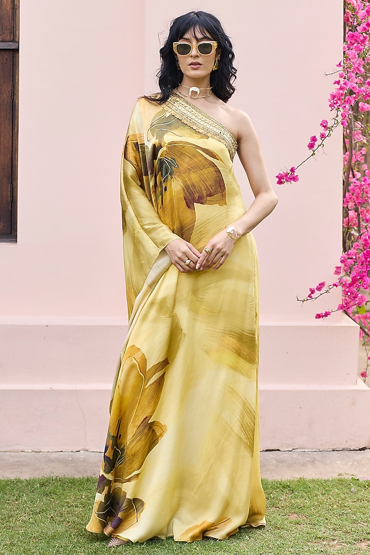 Butter Yellow Crepe Floral Printed One-Shoulder Kaftan Set by DiyaRajvvir at Pernia's Pop Up Shop