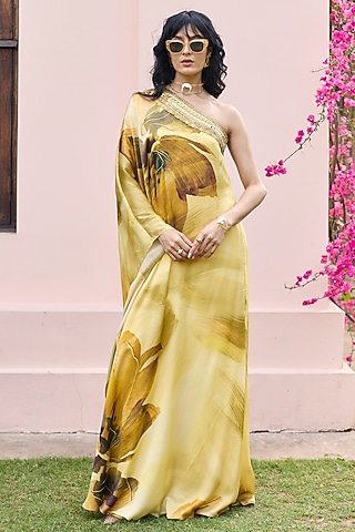 Butter Yellow Crepe Floral Printed One-Shoulder Kaftan Set by DiyaRajvvir