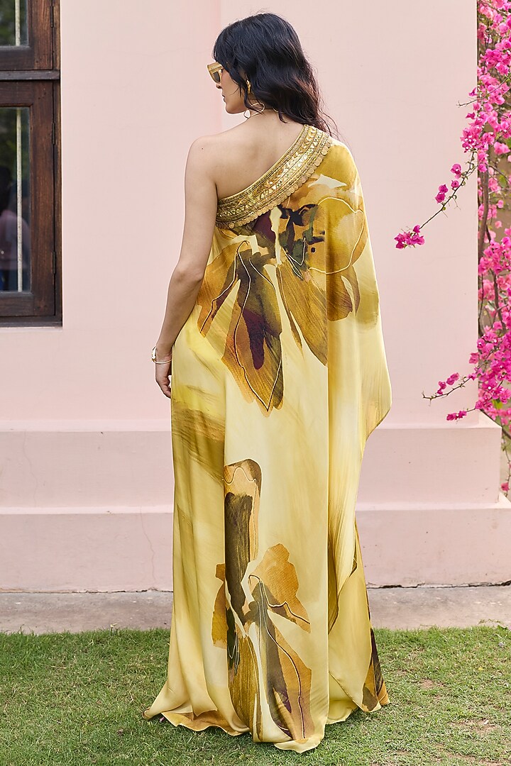 Butter Yellow Crepe Floral Printed One-Shoulder Kaftan Set by DiyaRajvvir at Pernia's Pop Up Shop