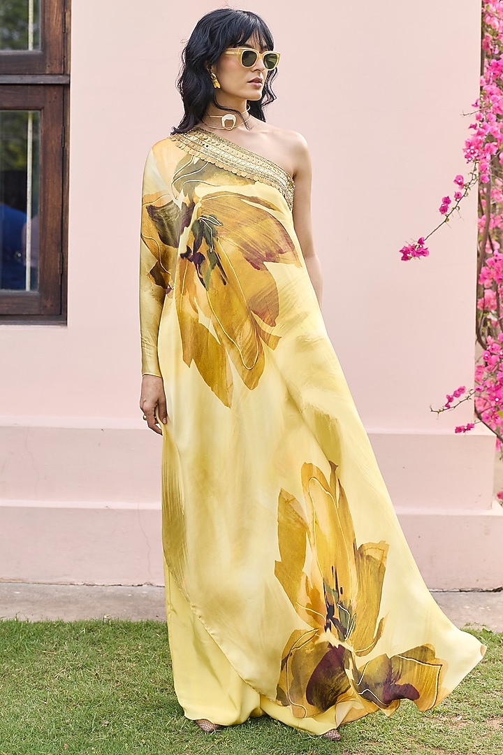 Butter Yellow Crepe Floral Printed One-Shoulder Kaftan Set by DiyaRajvvir at Pernia's Pop Up Shop