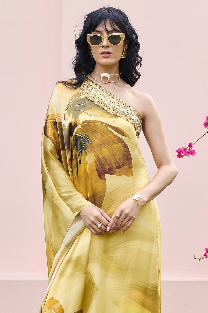 Butter Yellow Crepe Floral Printed One-Shoulder Kaftan Set by DiyaRajvvir at Pernia's Pop Up Shop