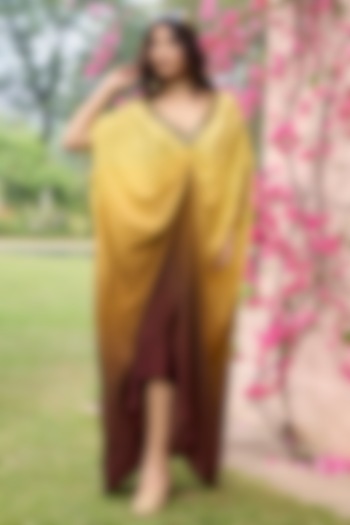 Brown & Yellow Ombre Crepe Embroidered Kaftan by DiyaRajvvir at Pernia's Pop Up Shop