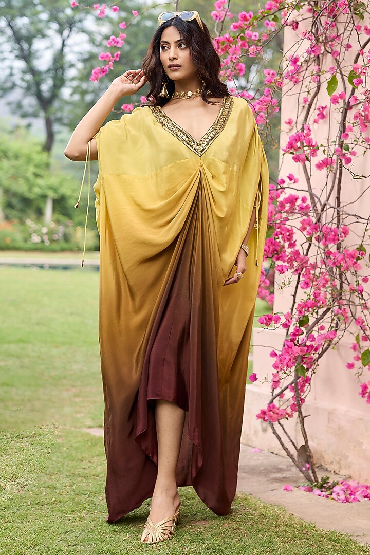 Brown & Yellow Ombre Crepe Embroidered Kaftan by DiyaRajvvir at Pernia's Pop Up Shop
