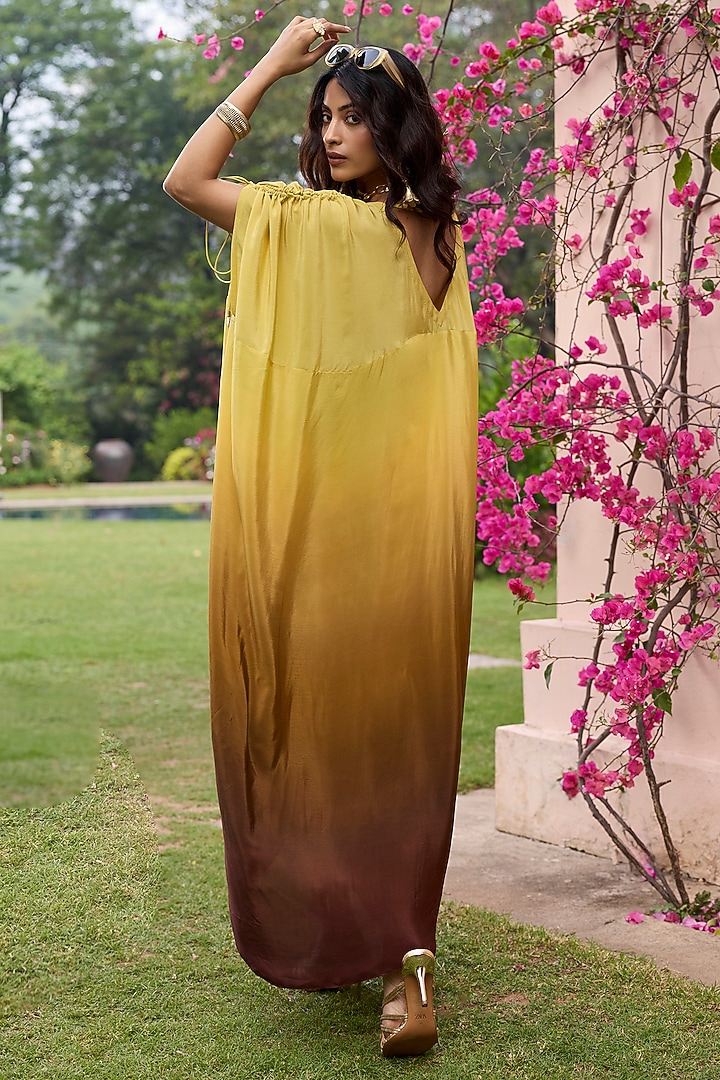 Brown & Yellow Ombre Crepe Embroidered Kaftan by DiyaRajvvir at Pernia's Pop Up Shop