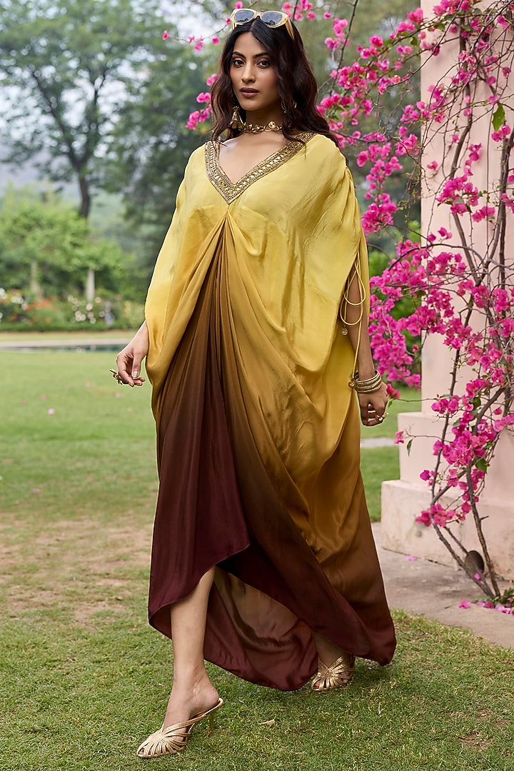 Brown & Yellow Ombre Crepe Embroidered Kaftan by DiyaRajvvir at Pernia's Pop Up Shop