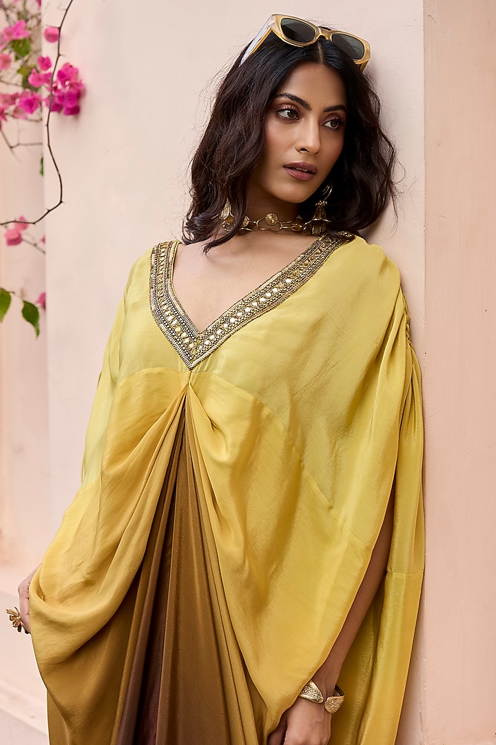 Brown & Yellow Ombre Crepe Embroidered Kaftan by DiyaRajvvir at Pernia's Pop Up Shop