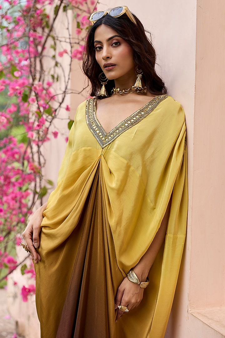 Brown & Yellow Ombre Crepe Embroidered Kaftan by DiyaRajvvir at Pernia's Pop Up Shop