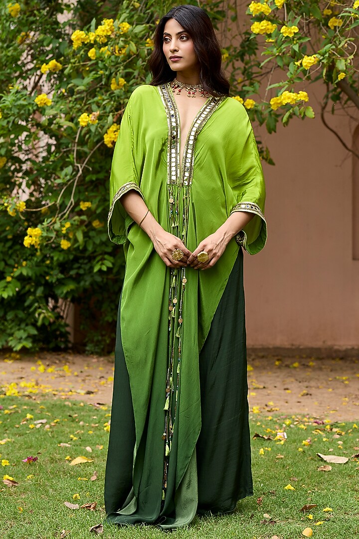 Green Ombre Crepe Kaftan Set by DiyaRajvvir at Pernia's Pop Up Shop